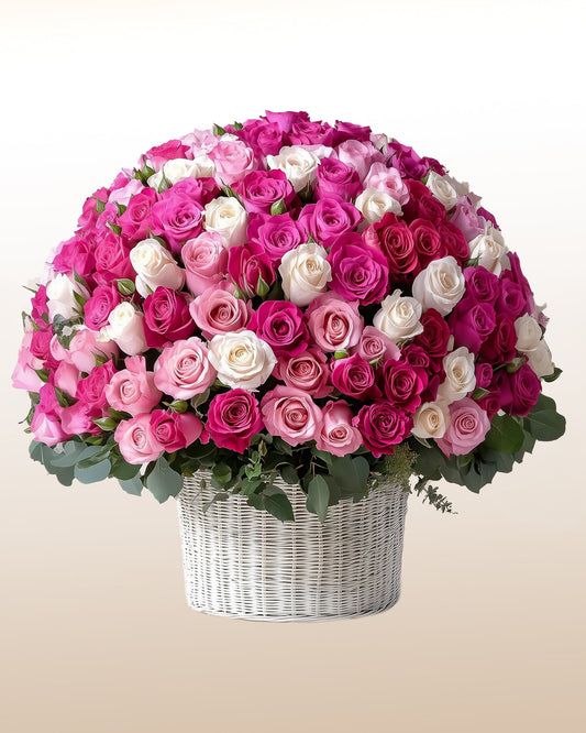 A spectacular luxury arrangement of 500 roses in fuchsia, pink, and white tones. Bold, refined, and unforgettable.