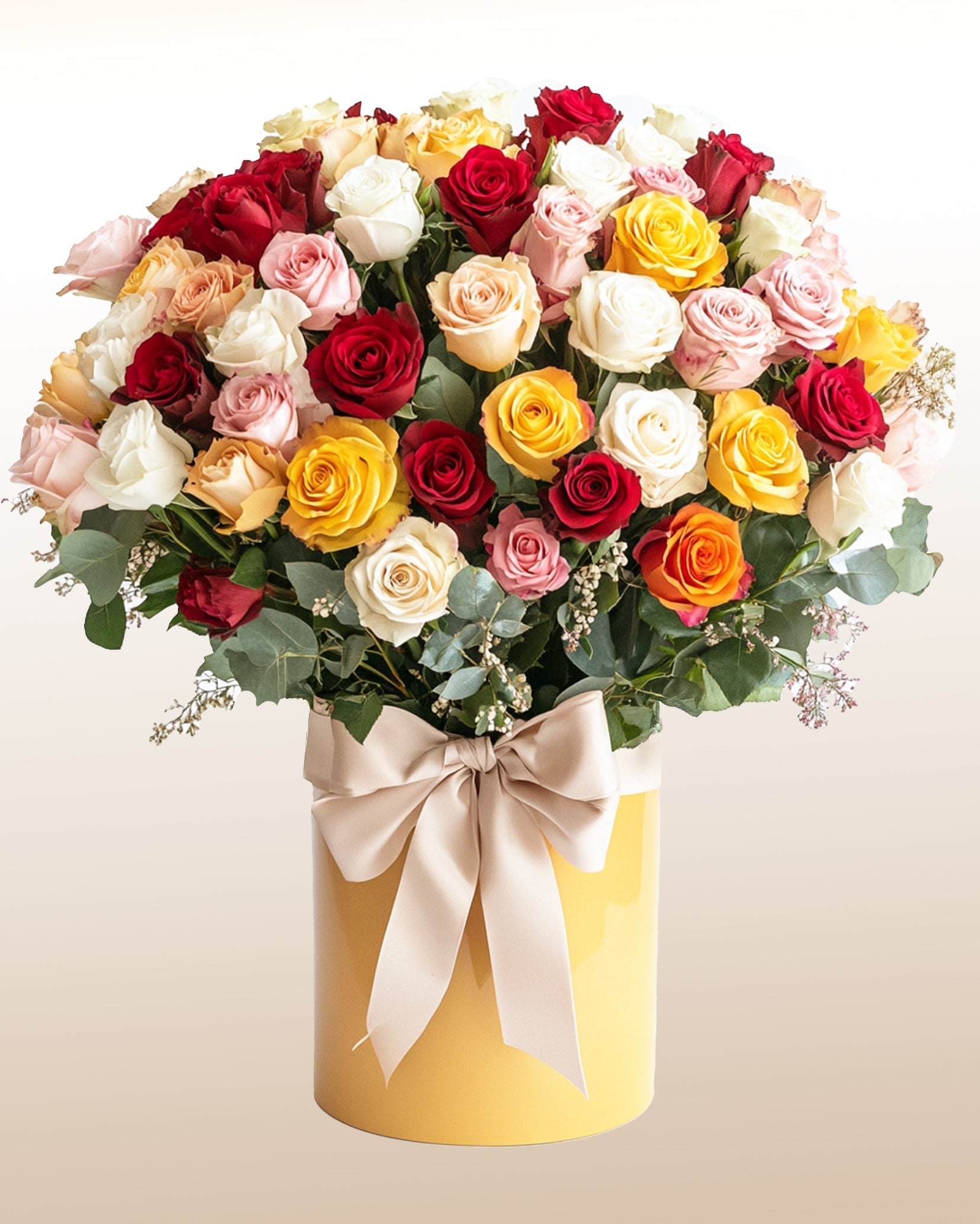 An artistic luxury arrangement of 100 multicolor roses. Harmonious, expressive, and handcrafted.