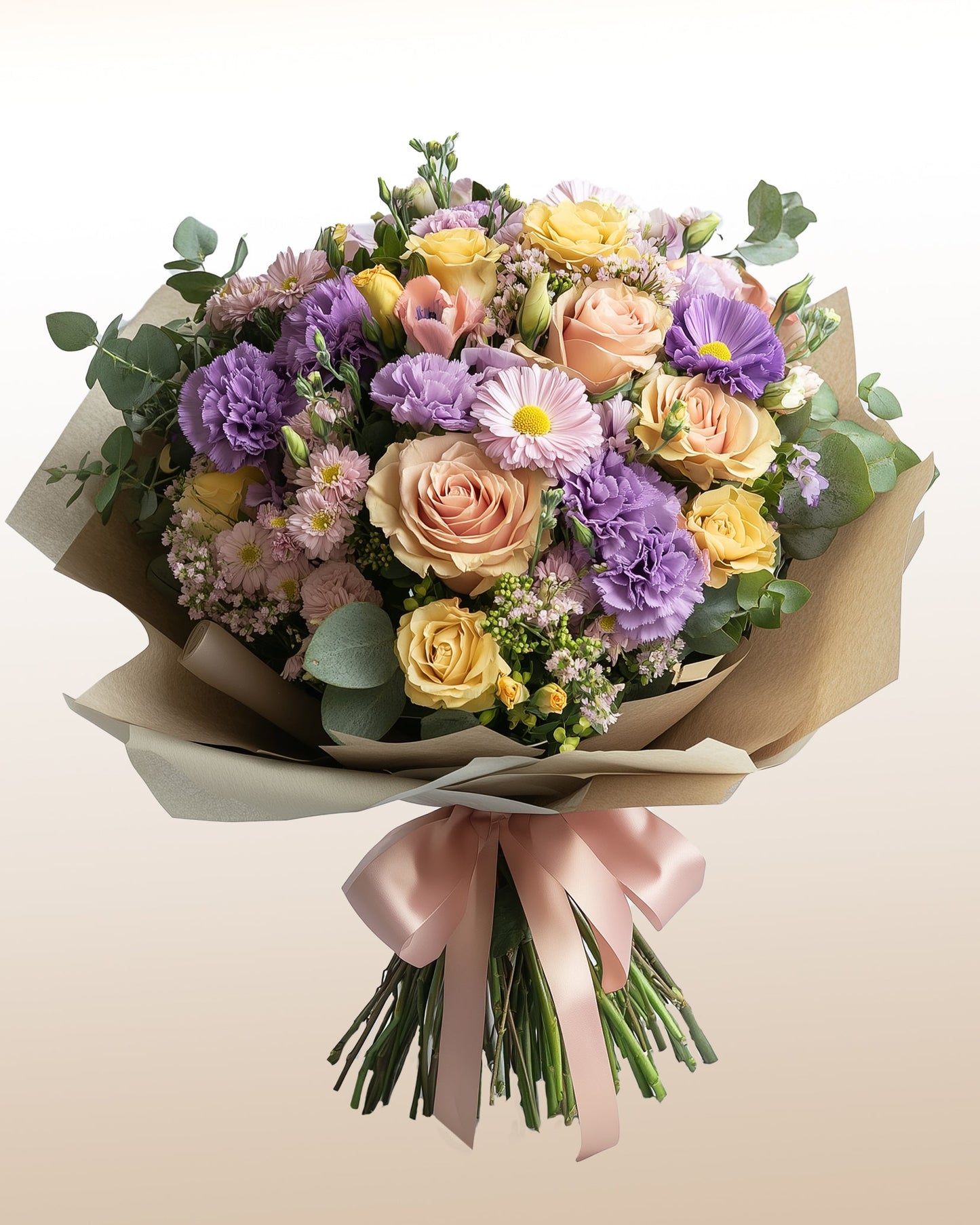 A delicate bouquet of pastel flowers and seasonal blooms. Light, elegant, and refined.