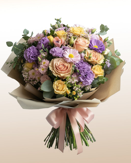 A delicate bouquet of pastel flowers and seasonal blooms. Light, elegant, and refined.