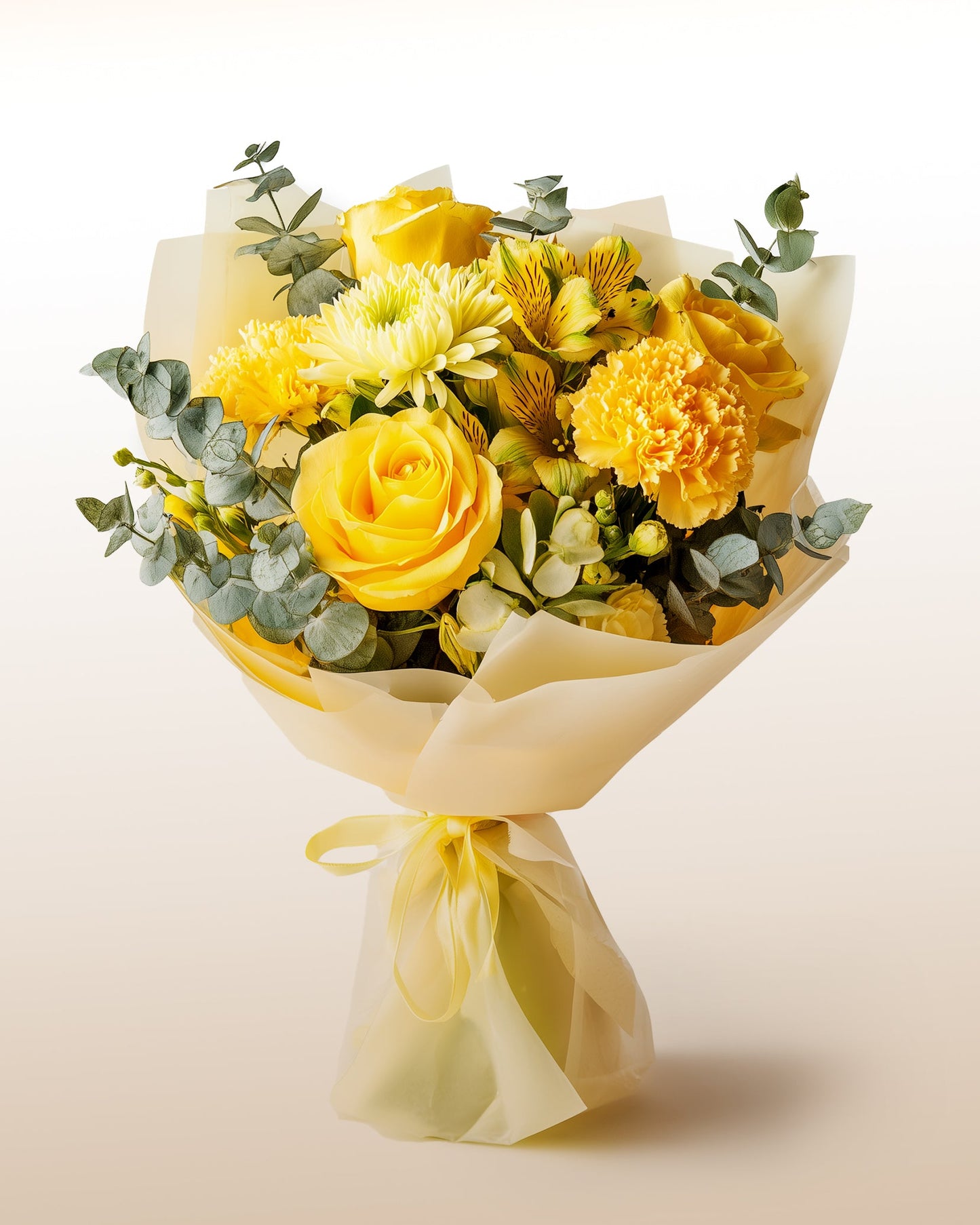 A joyful bouquet of yellow roses and blooms. Bright, optimistic, and handcrafted.